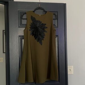 Gracia Olive Green Midi Dress with Black Floral Appliqué